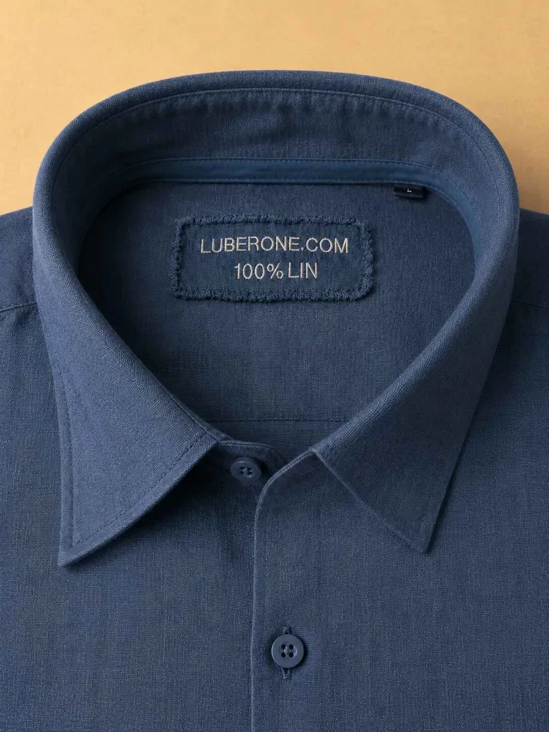 Chemise en lin homme marine manches longues – Bonnieux – Col et étiquette