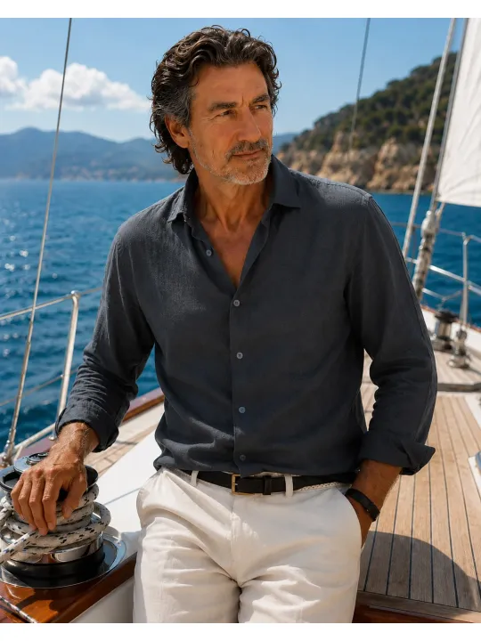 Chemise en lin homme marine manches longues – Bonnieux –  voilier