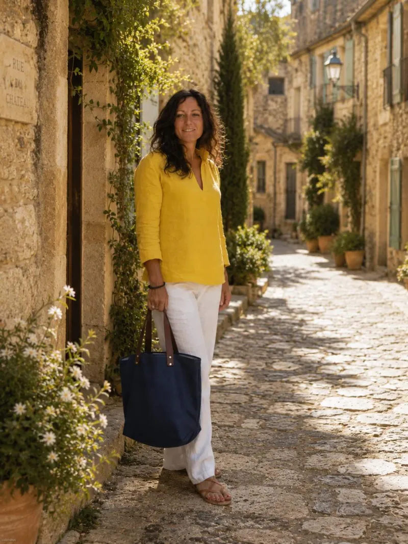 Sac cabas en lin marine porté dans une ruelle du Luberon