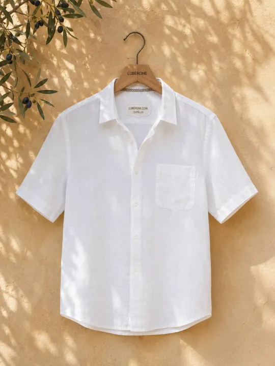 Men's white short sleeve linen shirt on hanger Bonnieux