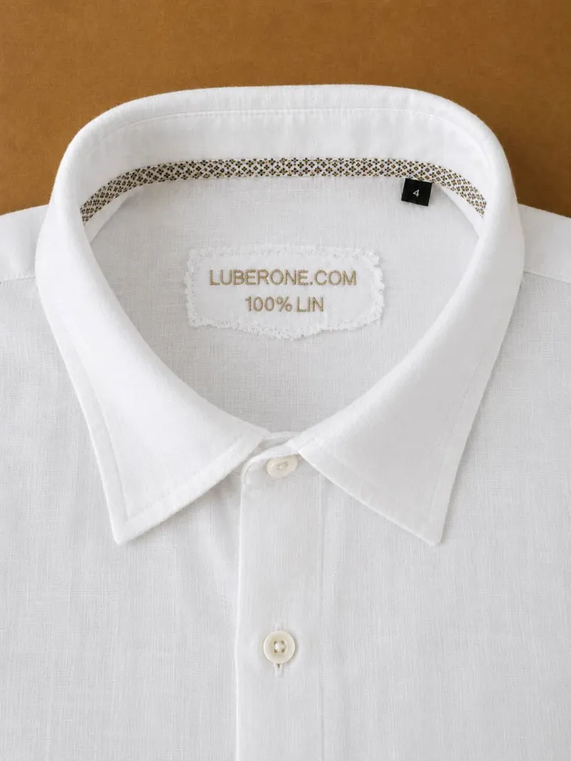 Collar and label of men's white linen shirt Bonnieux