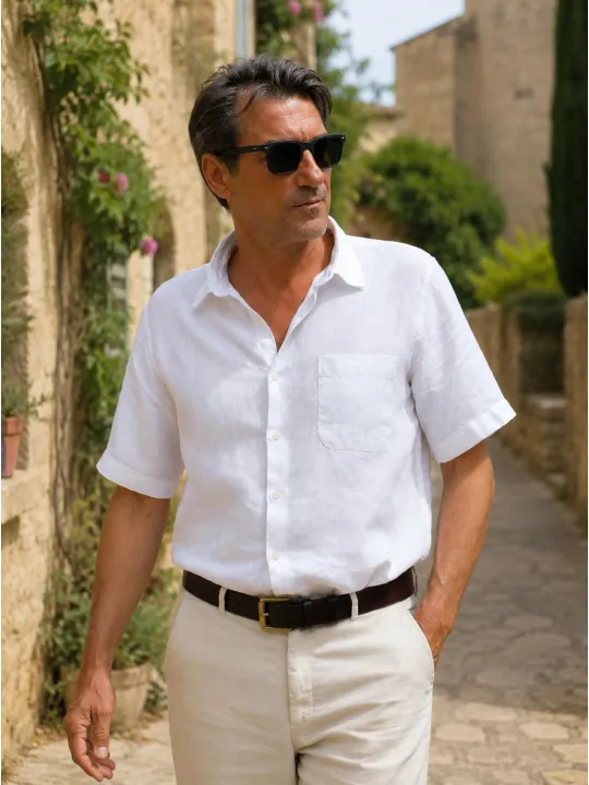 Man wearing a white short sleeve linen shirt Bonnieux