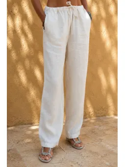 Women's sand linen elastic waist trousers front detail