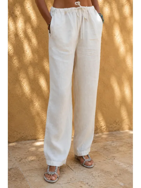 Détail pantalon en lin femme sable taille élastique