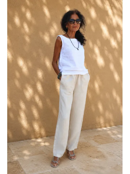Pantalon en lin femme sable taille élastique Saignon