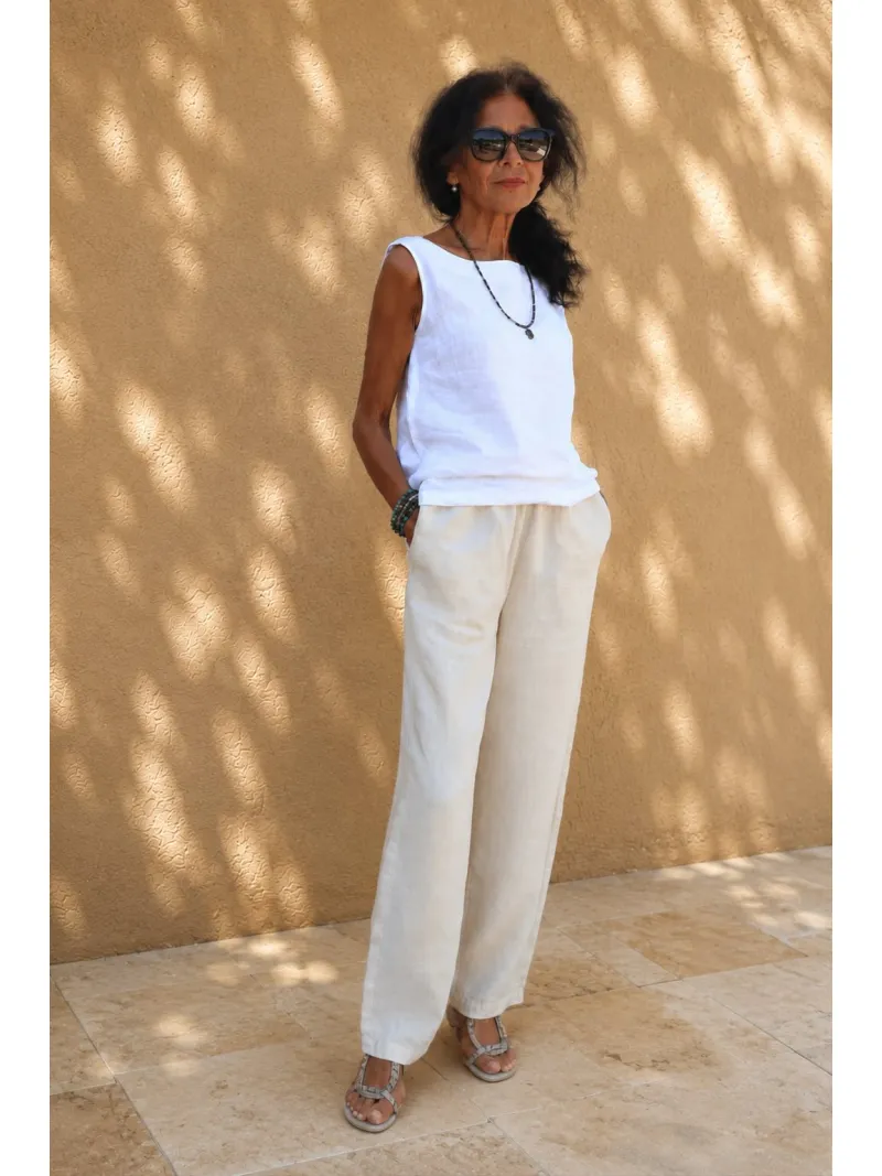 Pantalon en lin femme sable taille élastique Saignon