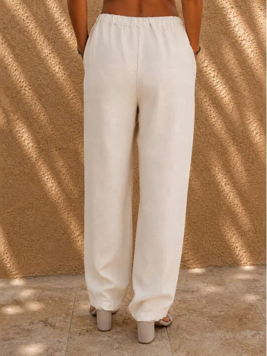 Détail dos pantalon en lin femme sable taille élastique
