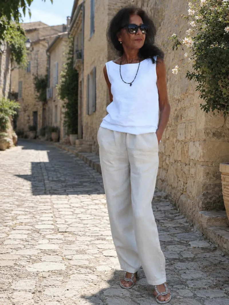 Femme portant un pantalon en lin sable Saignon dans un village du Luberon