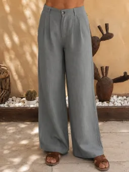 Pantalon en lin kaki à pinces pour femme – détail face