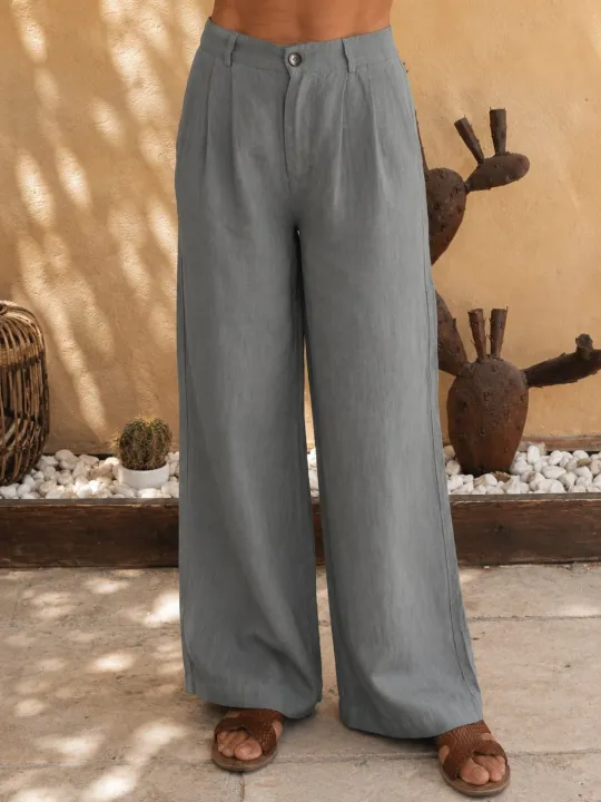 Pantalon en lin kaki à pinces pour femme – détail face