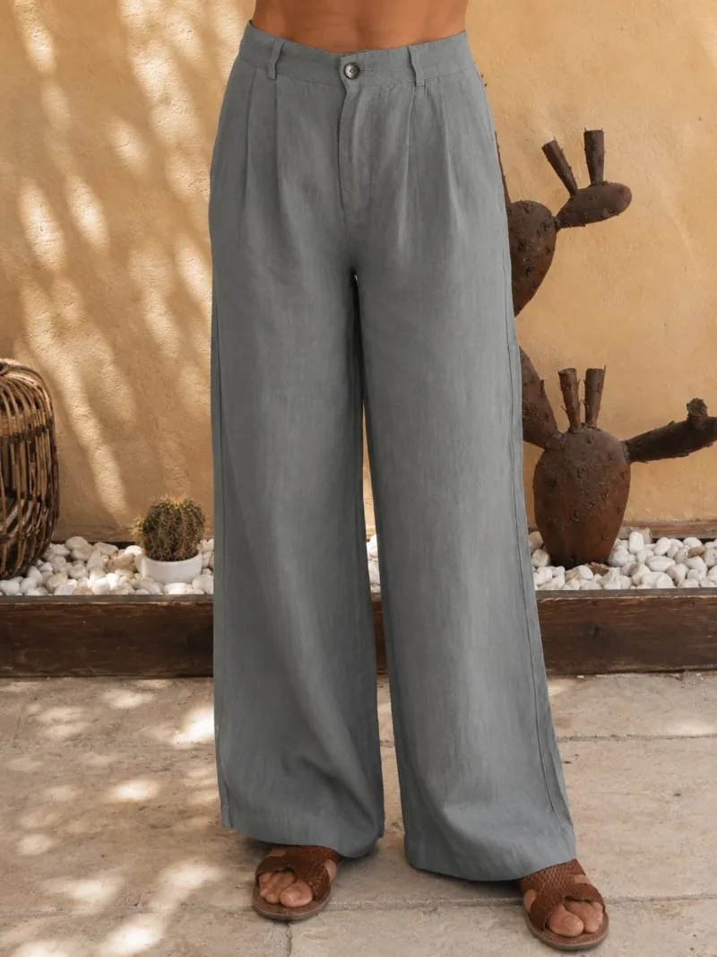 Pantalon en lin kaki à pinces pour femme – détail face