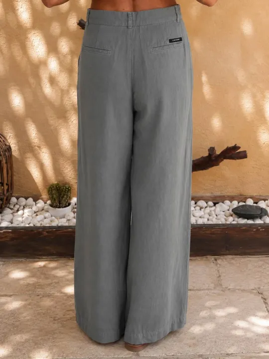 Pantalon en lin kaki à pinces pour femme – vue dos