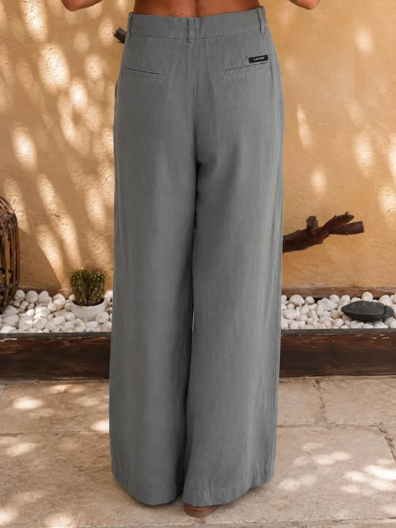 Pantalon en lin kaki à pinces pour femme – vue dos