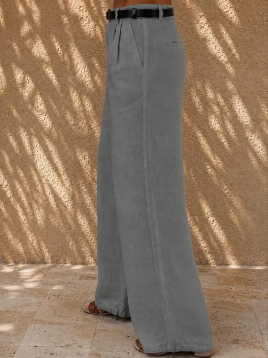 Pantalon en lin kaki à pinces pour femme – vue de côté