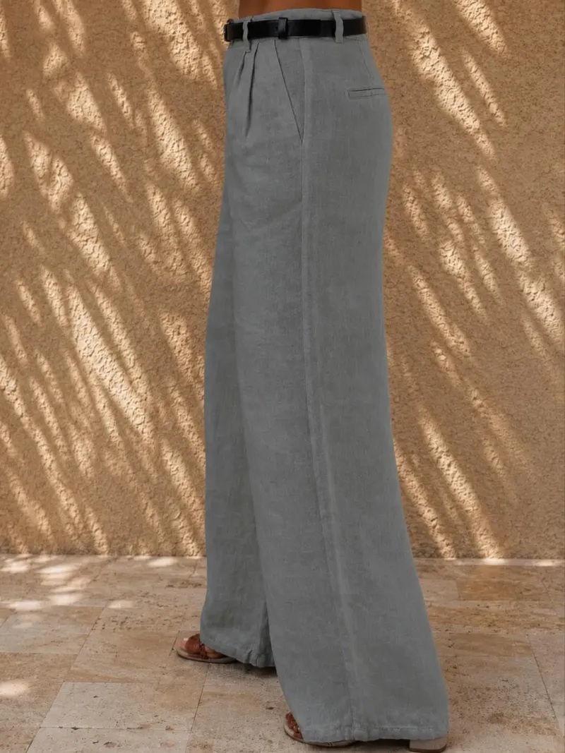 Women's pleated linen trousers in khaki – side view