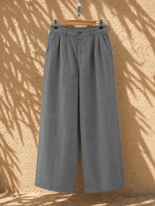Women's pleated linen trousers in khaki on hanger
