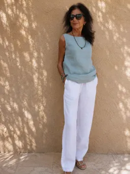 Pantalon en lin femme blanc à taille élastique de face