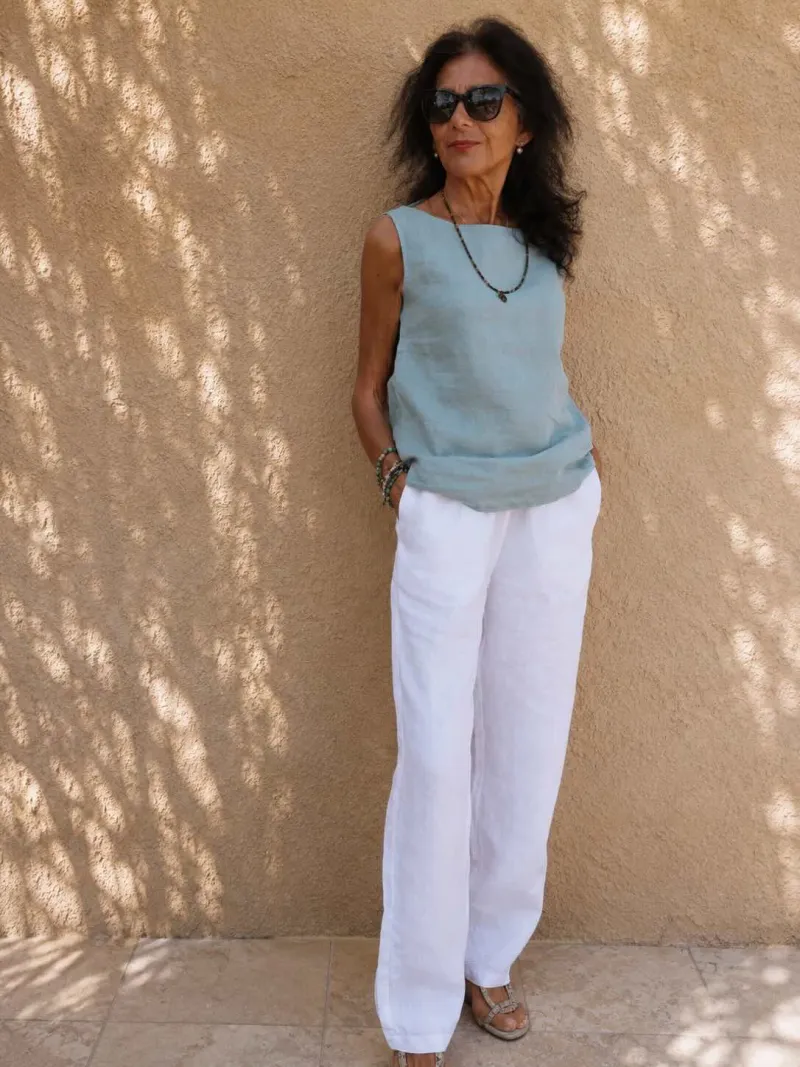 Women's white linen elastic waist trousers front view