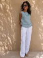 Pantalon en lin femme blanc à taille élastique de face