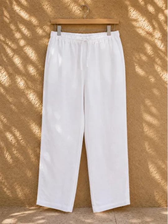 Pantalon en lin femme blanc à taille élastique sur cintre