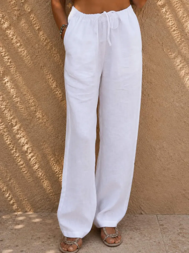 Détail de face du pantalon en lin femme blanc à taille élastique