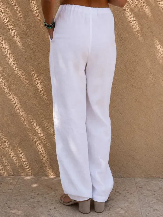 Détail du dos du pantalon en lin femme blanc à taille élastique