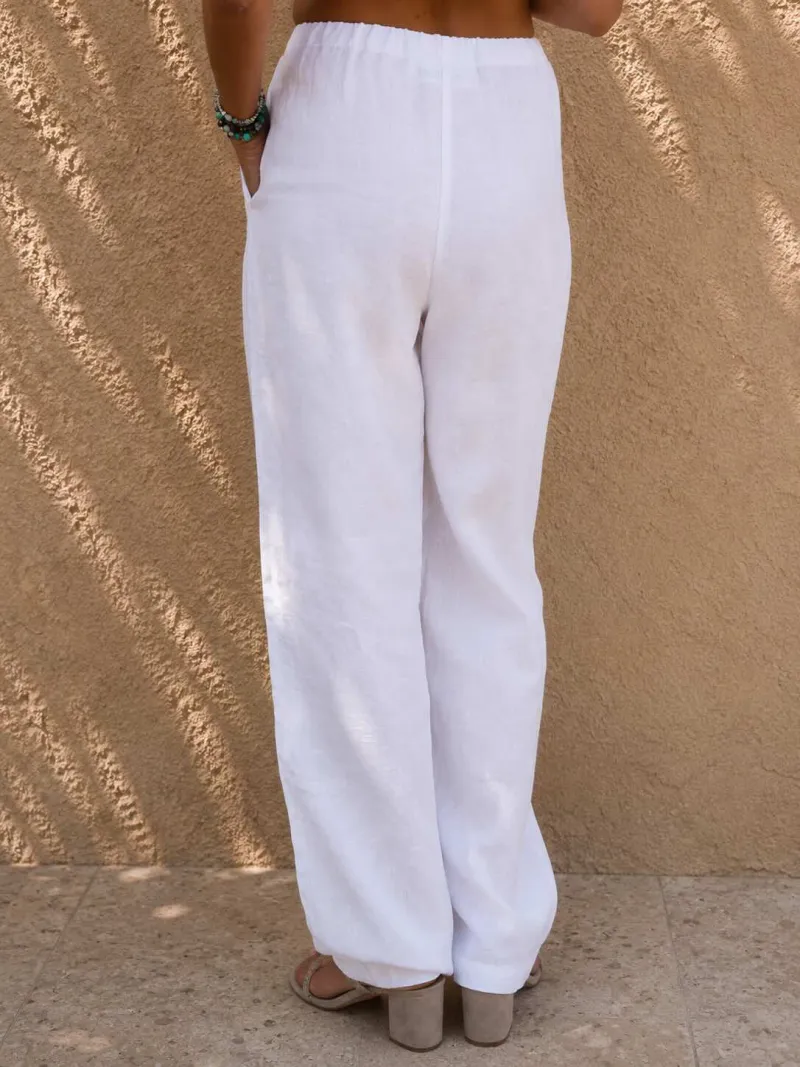 Détail du dos du pantalon en lin femme blanc à taille élastique