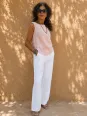 Women's white pleated linen trousers front view