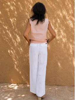 Pantalon en lin à pinces femme blanc de dos