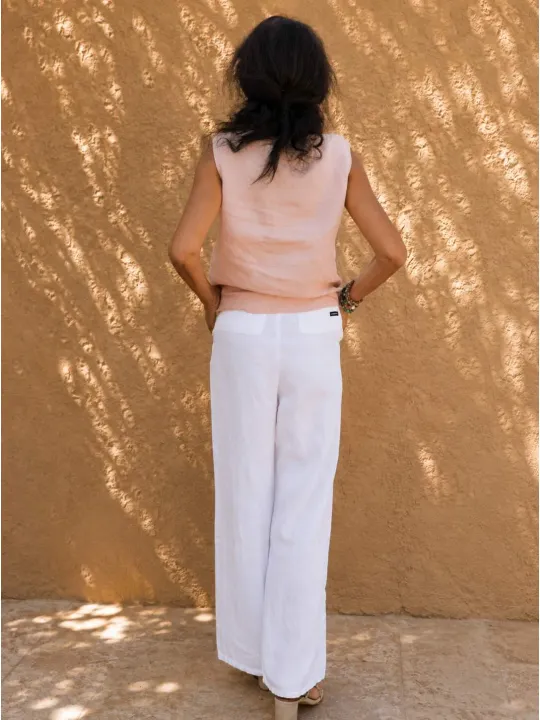 Pantalon en lin à pinces femme blanc de dos