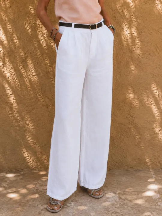 Détail de face du pantalon en lin à pinces femme blanc