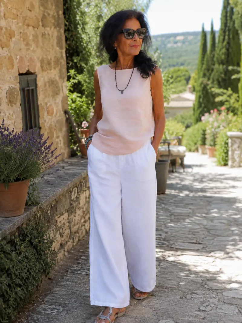 Pantalon en lin à pinces femme blanc porté dans le Luberon