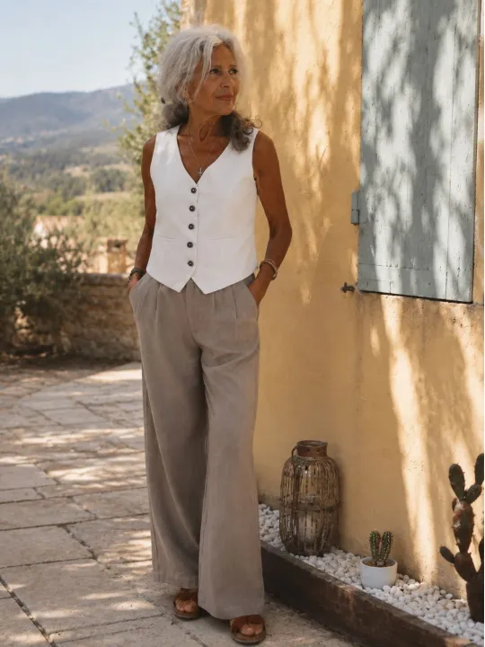 Women's beige pleated linen trousers worn in the Luberon