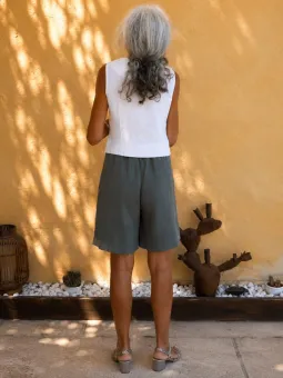 Women's khaki linen elastic waist bermuda shorts back view