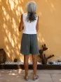 Women's khaki linen elastic waist bermuda shorts back view