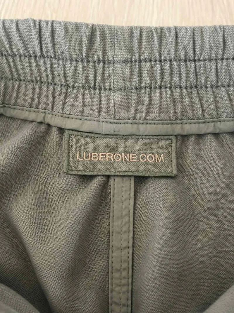 Inside finish of women's khaki linen elastic waist bermuda shorts