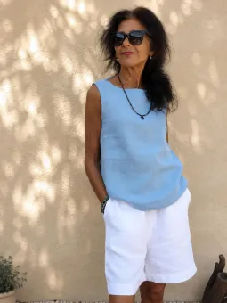 Women's white linen elastic waist bermuda shorts