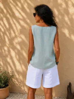 Women's white linen elastic waist bermuda shorts back view