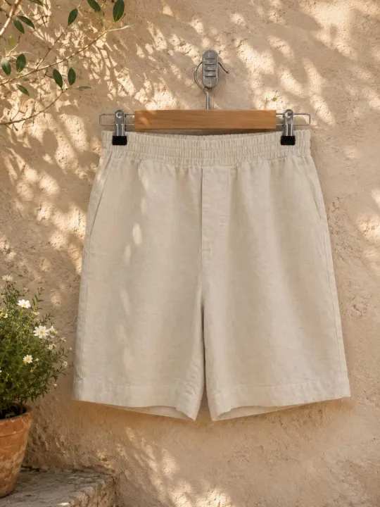 Women's sand linen Bermuda shorts displayed on a hanger.