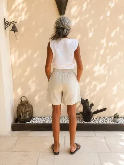 Back view of women's sand linen Bermuda shorts with elastic waistband.