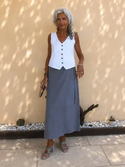 Women's taupe linen wrap skirt front view