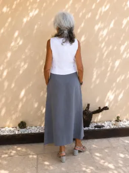 Women's taupe linen wrap skirt back view