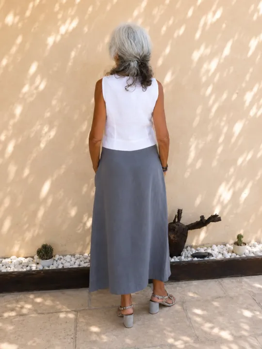 Women's taupe linen wrap skirt back view