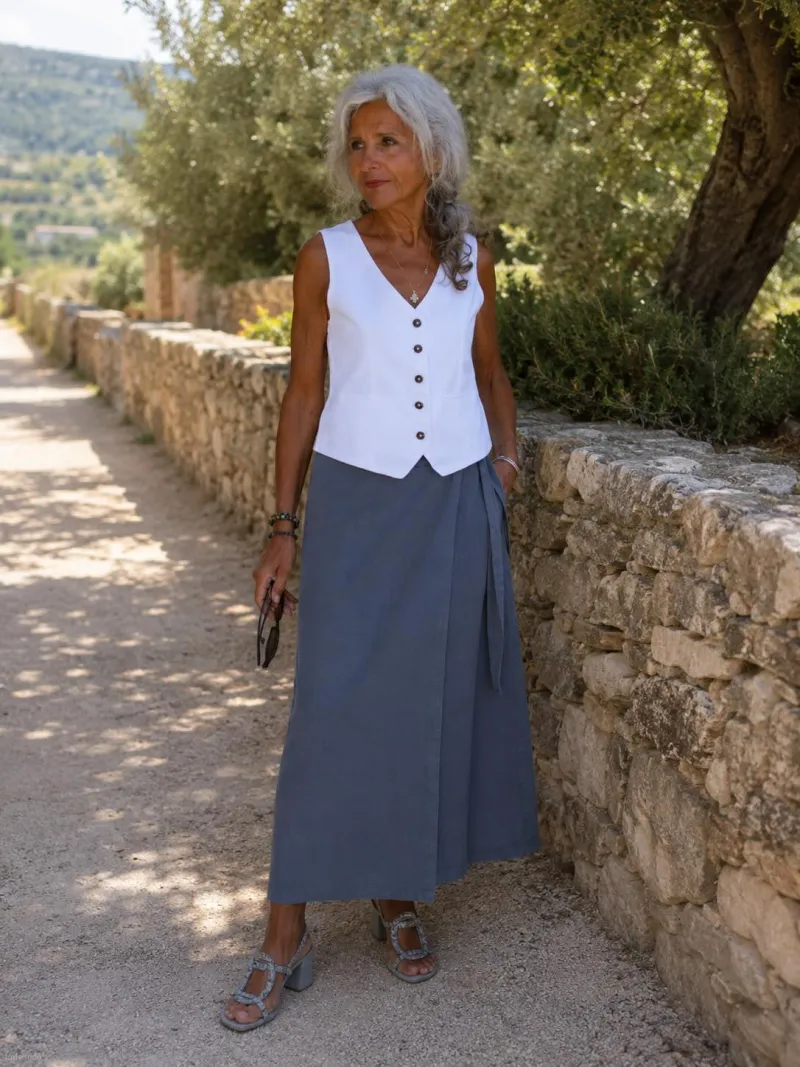 Women's taupe linen wrap skirt worn in the Luberon