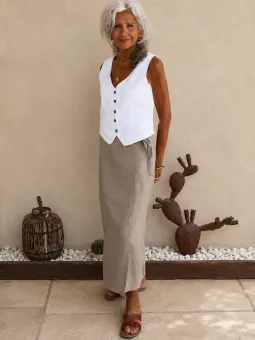 Women's beige linen wrap skirt front view