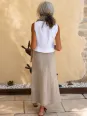 Women's beige linen wrap skirt back view