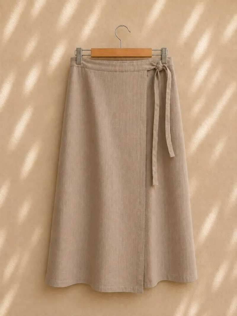 Women's beige linen wrap skirt on hanger
