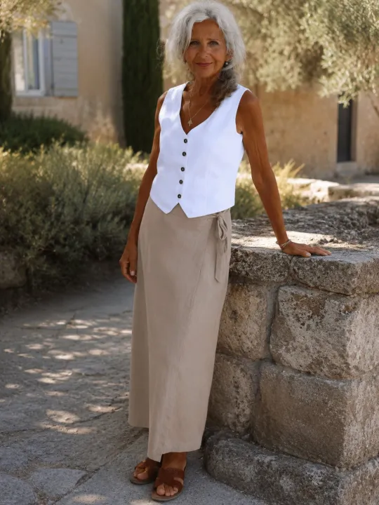 Women's beige linen wrap skirt worn in the Luberon