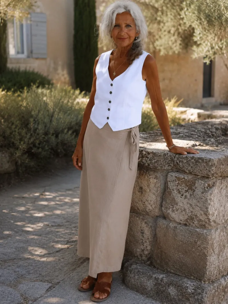 Women's beige linen wrap skirt worn in the Luberon