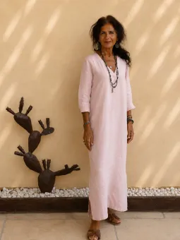 Women's Rustrel long salmon linen dress with V-neck and long sleeves